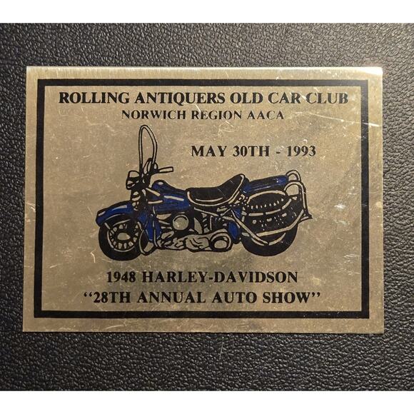 Rolling Antiques Old Car Club Brass Plaque May 30 1993 1948 Harley Davidson - Picture 1 of 2